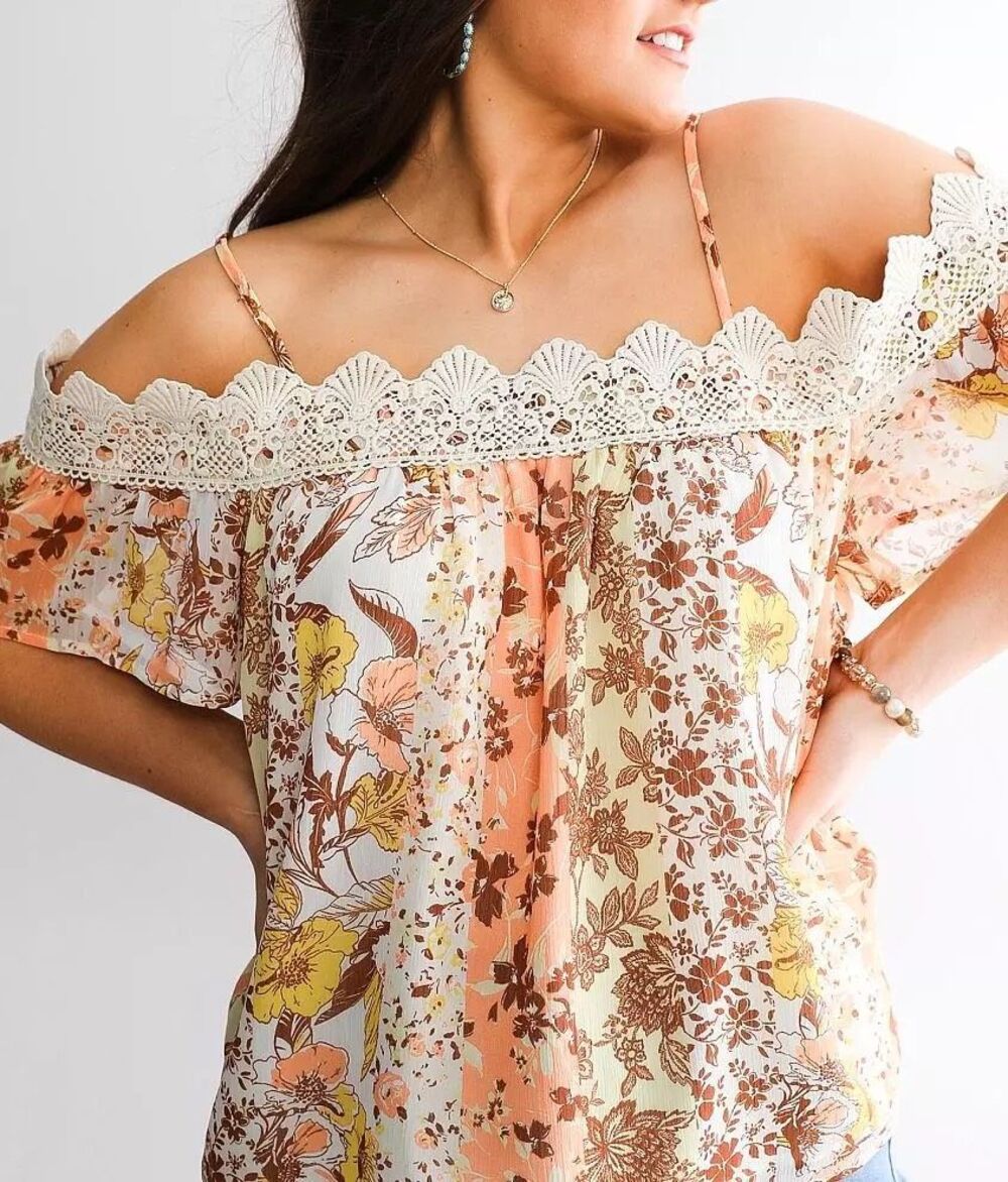 Miss Me Coral Floral Crochet Cold Shoulder Boho Top Womens Small NEW